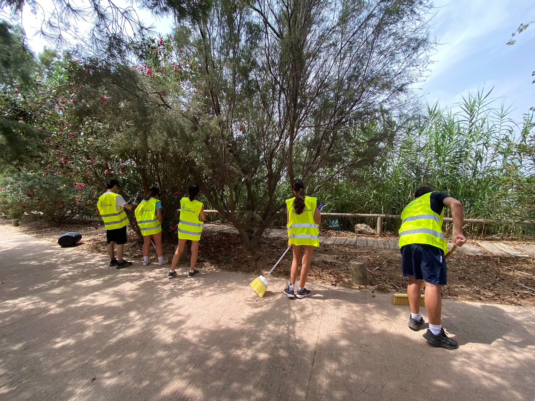 Jóvenes realizando tareas de participación comunitaria en un entorno natural